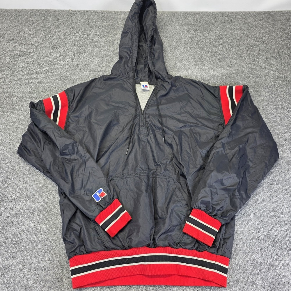 VINTAGE Russell Track Jacket Men Large Windbreaker Hoodie Black Red 1/4 Zip
